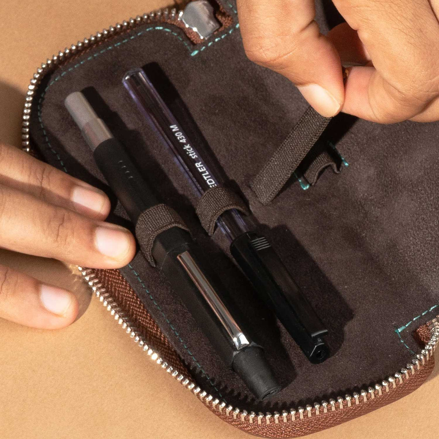 Endless Companion Leather Adjustable 2 Pen Holder - Brown 4