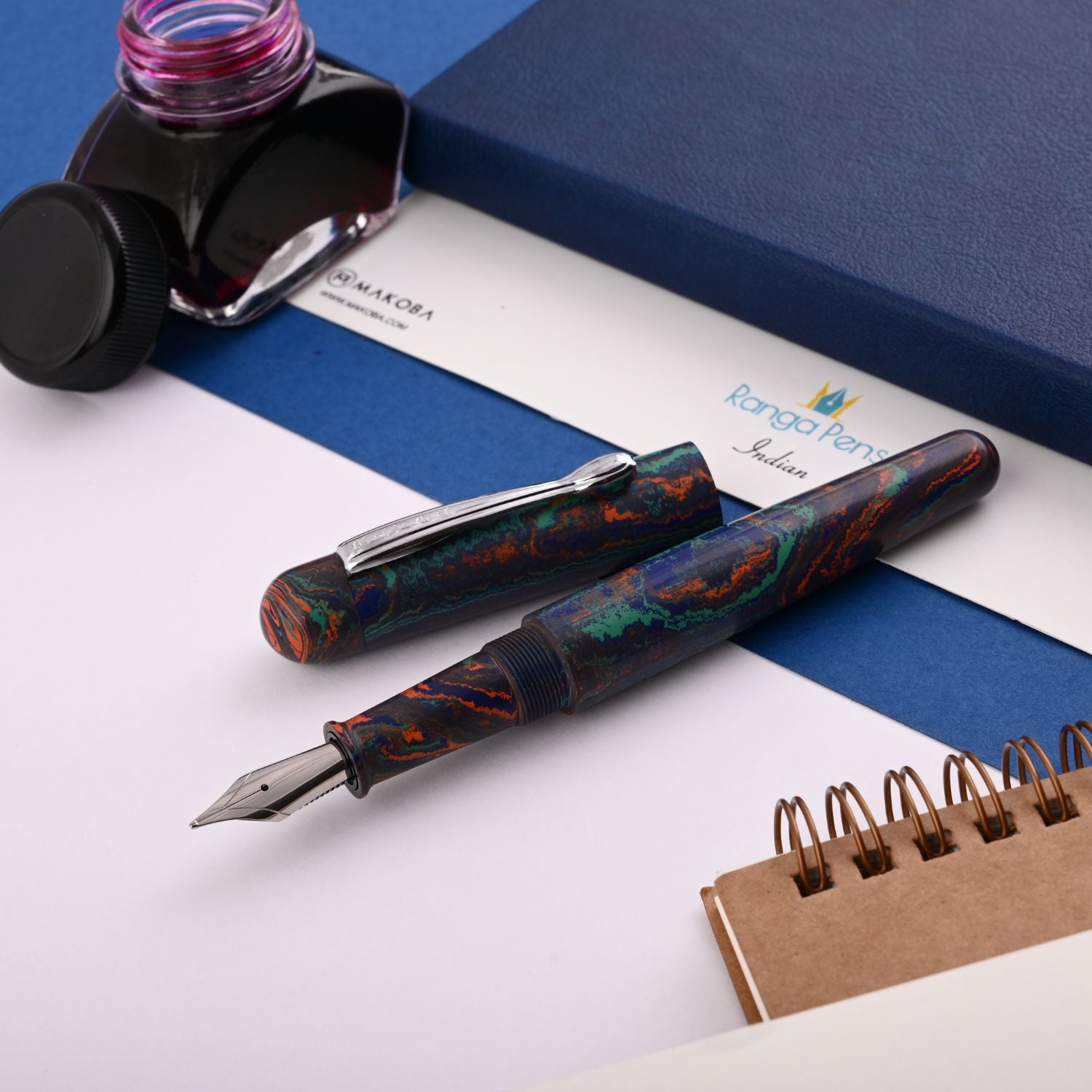 Ranga 4C Premium Ebonite Fountain Pen - Blue Green Orange CT – Makoba