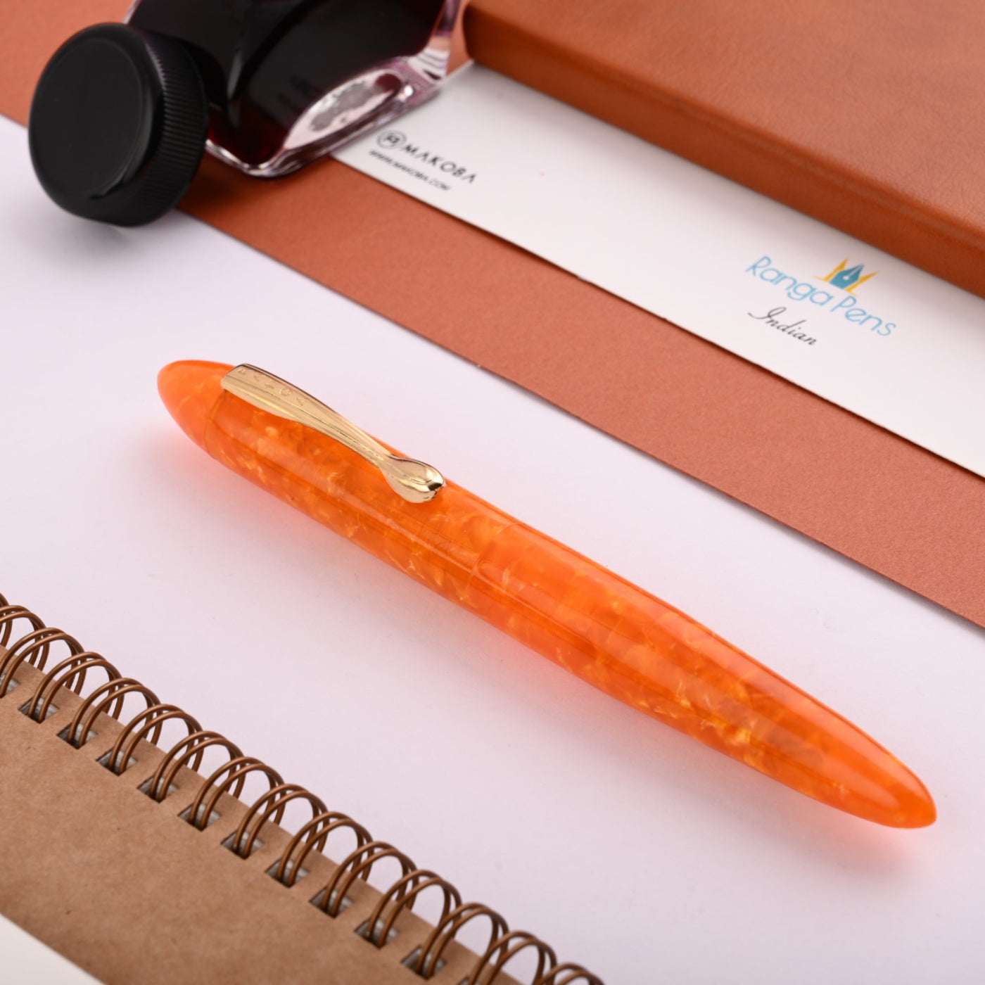 Ranga 9B Premium Acylic Fountain Pen - Orange Cracked Ice GT 2