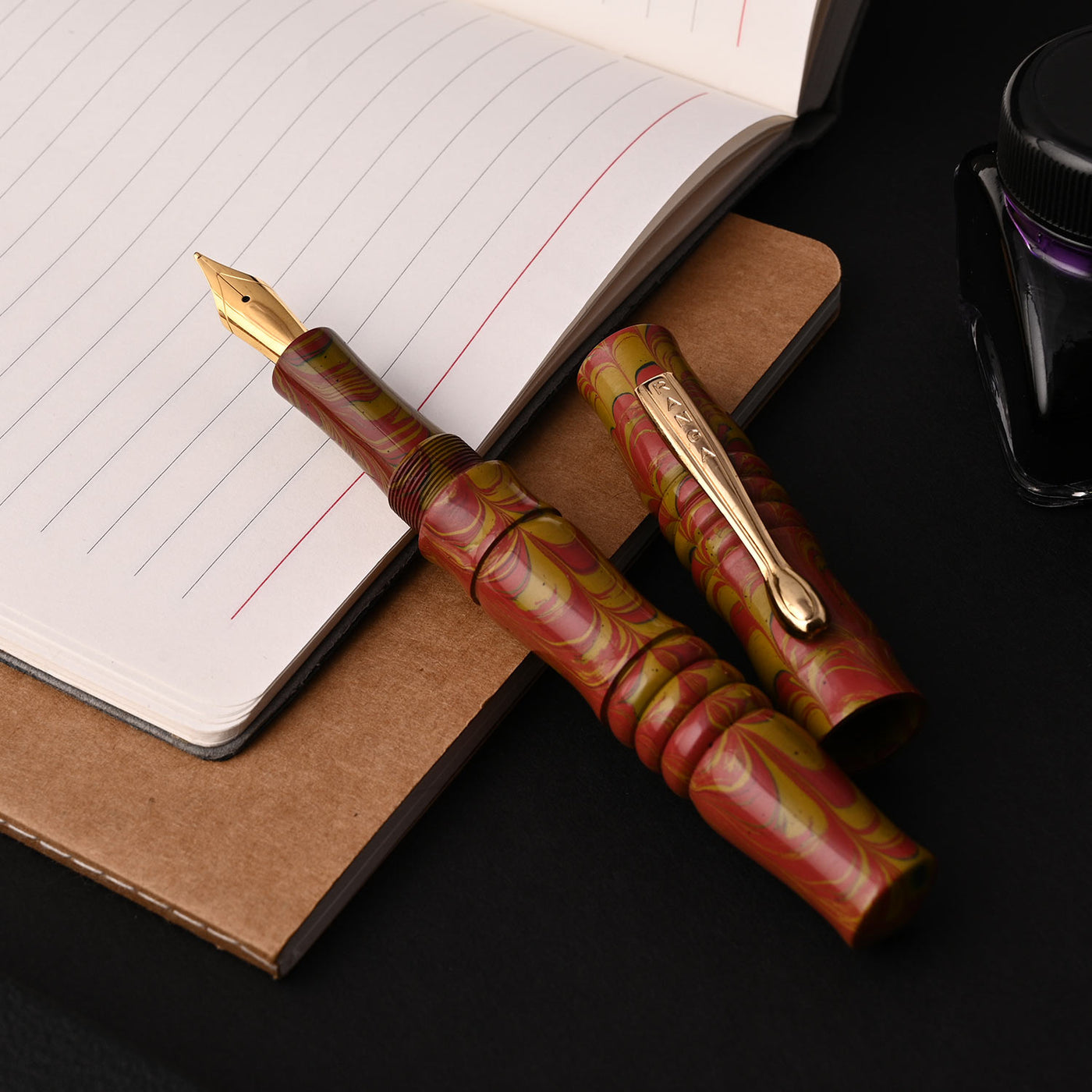 Ranga Designer Special Ebonite Fountain Pen - Mustard Red Ripple GT 6