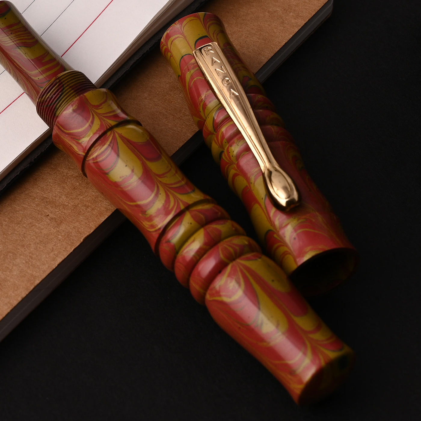 Ranga Designer Special Ebonite Fountain Pen - Mustard Red Ripple GT 8