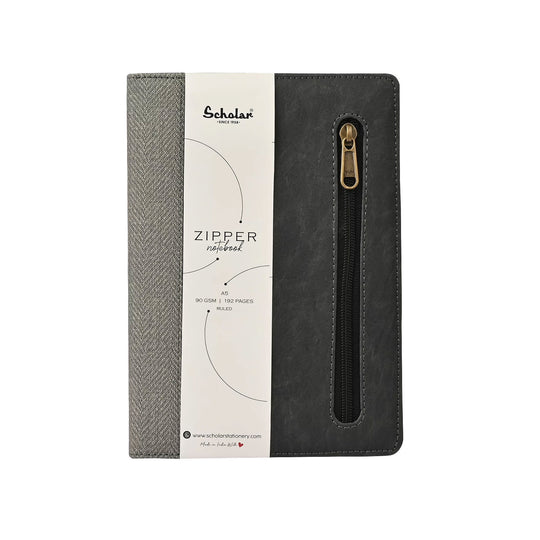 Scholar Zipper Grey Notebook - A5, Ruled