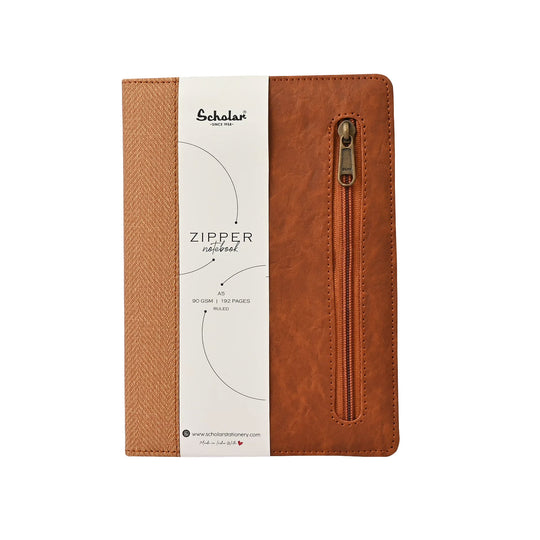 Scholar Zipper Tan Notebook - A5, Ruled
