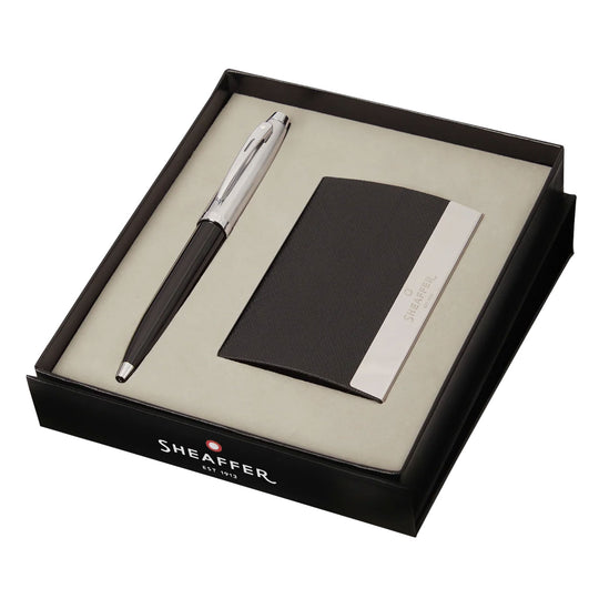 Sheaffer Gift Set - 100 Series Glossy Black & Chrome CT Ball Pen with Business Card Holder