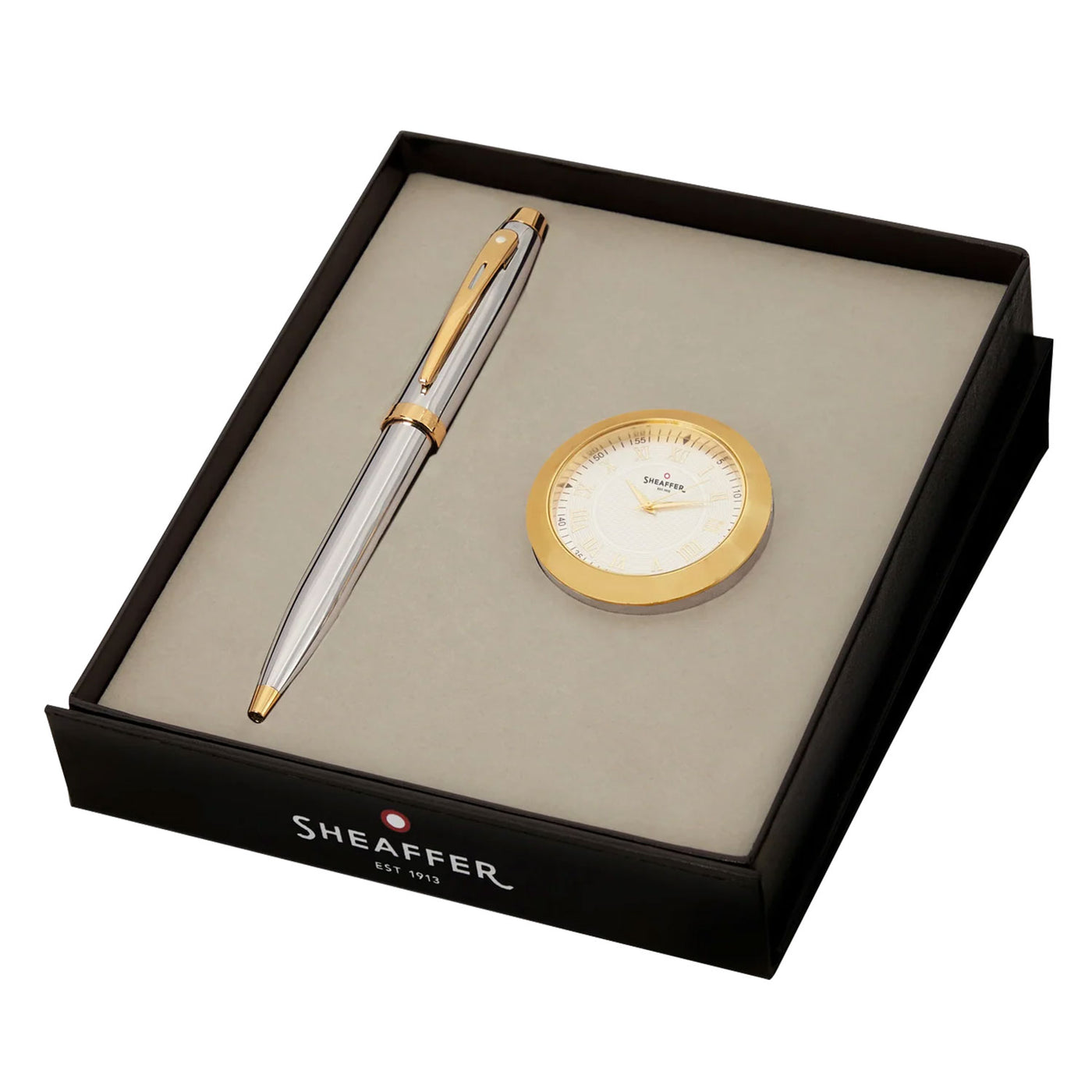 Sheaffer Gift Set - 100 Series Bright Chrome GT Ball Pen with Table Clock 1