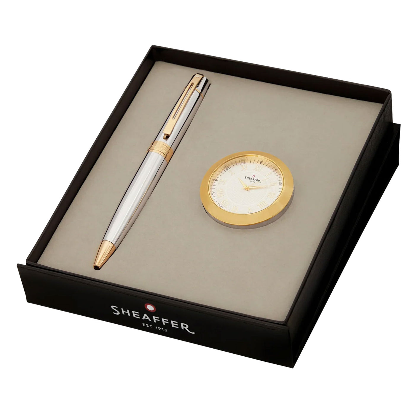 Sheaffer Gift Set - 300 Series Bright Chrome GT Ball Pen with Table Clock 1