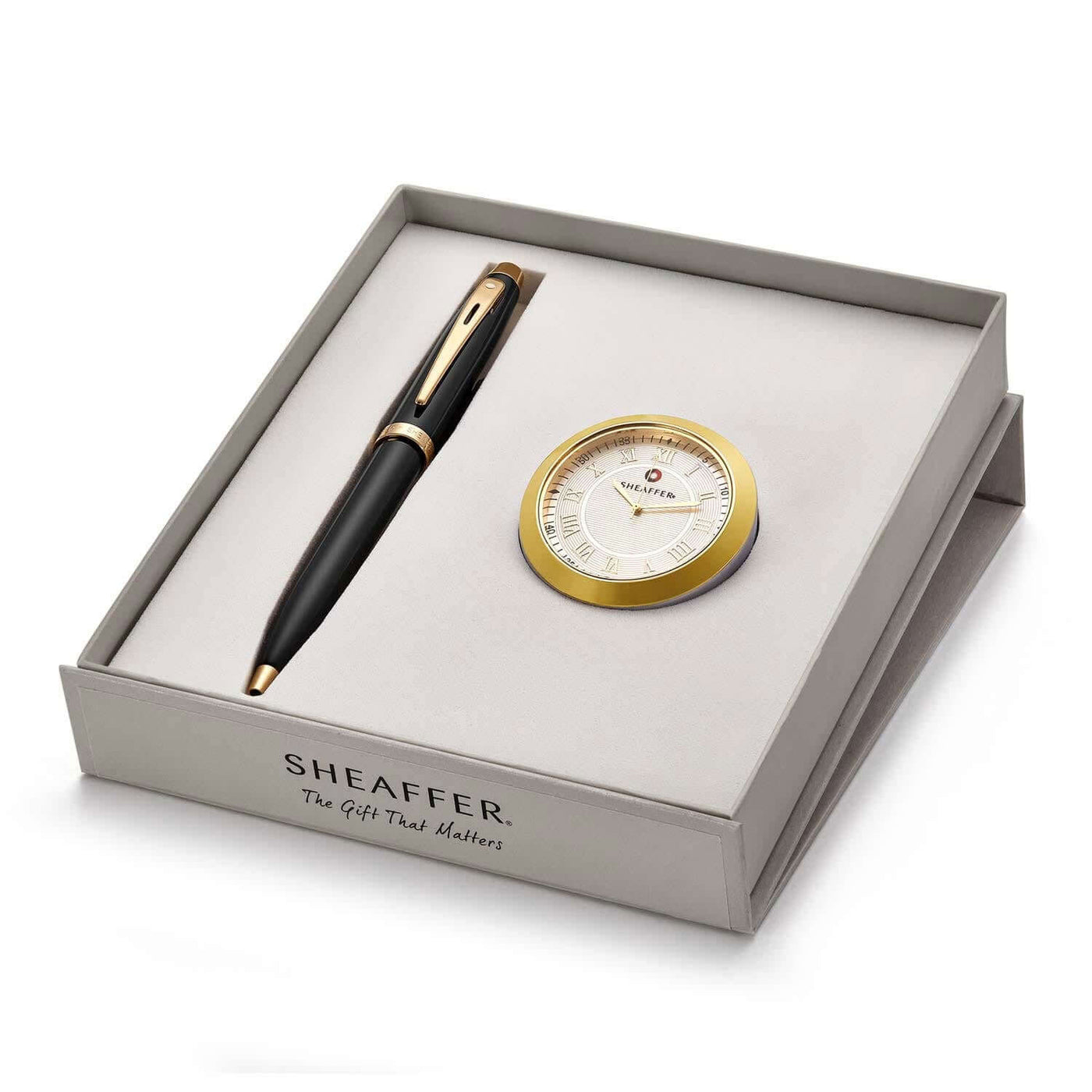 Sheaffer Gift Set - 100 Series Black GT Ball Pen With Gold Table Clock