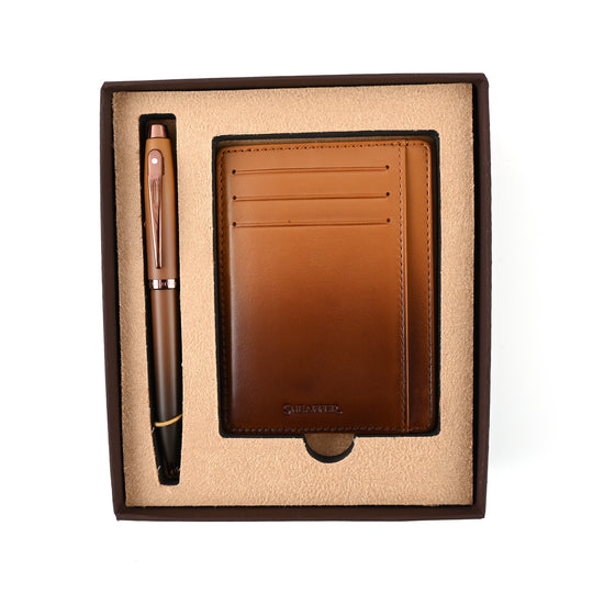 Sheaffer 9374 Gift Set - 100 Series Coffee Matte Brown Ball Pen with Brown Credit Card Holder