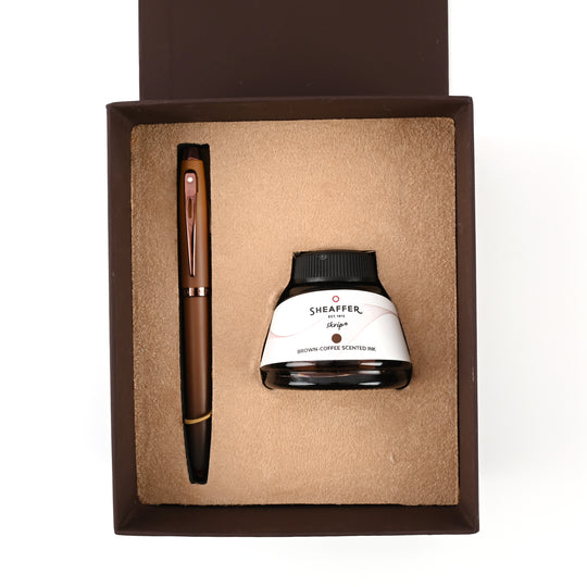 Sheaffer 9374 Gift Set - 100 Series Coffee Matte Brown (Medium) Fountain Pen with Coffee Scented Ink Bottle