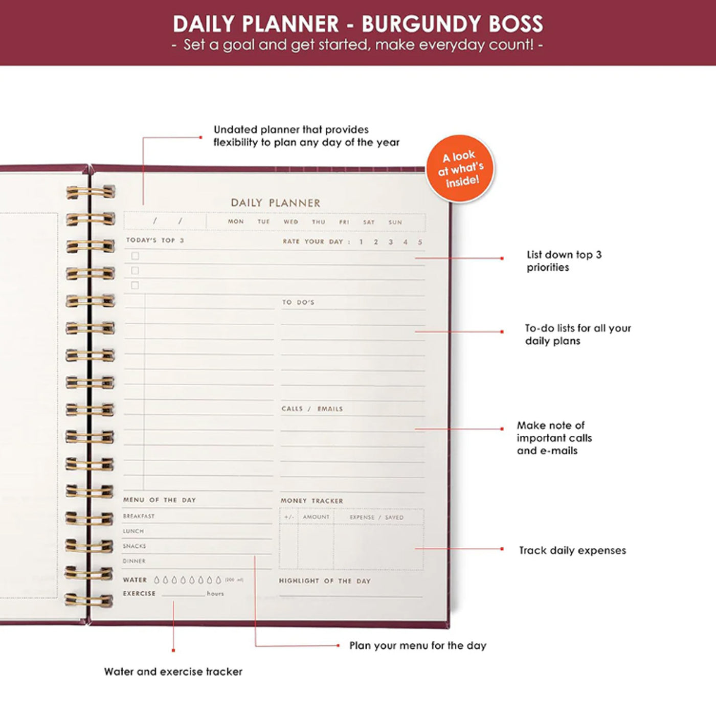 7mm Undated Daily Planner - Burgundy Boss 2