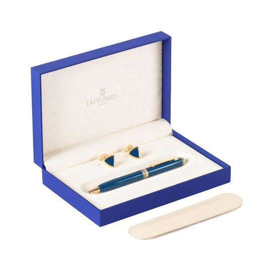 Lapis Bard Gift Set - Contemporary Blue Ball Pen with Shard Blue Gold Cufflinks