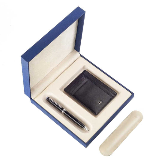 Lapis Bard Gift Set - Contemporary Black Ball Pen with Mayfair Credit Card Holder