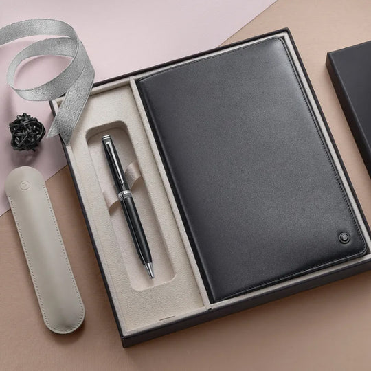 Lapis Bard Gift Set - Contemporary Black Ball Pen with Mayfair Leather Notebook