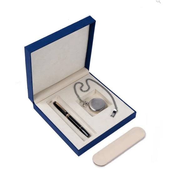 Lapis Bard Gift Set - Contemporary Black Fountain Pen with Pocket Watch