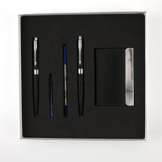 Parker Gift Set - Aster Matt Black CT Roller Ball Pen & Aster Matt Black CT Fountain Pen with Business Card Holder