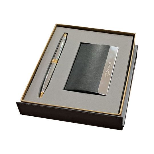 Parker Gift Set - Aster Shiny Chrome GT Ball Pen with Business Card Holder