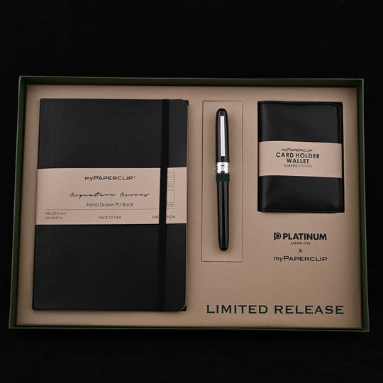 Platinum Gift Set - Plaisir Black Fountain Pen + myPAPERCLIP Black Notebook + myPAPERCLIP Black Card Holder Wallet