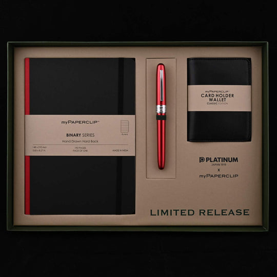 Platinum Gift Set - Plaisir Red Fountain Pen + myPAPERCLIP Black Notebook + myPAPERCLIP Black Card Holder Wallet