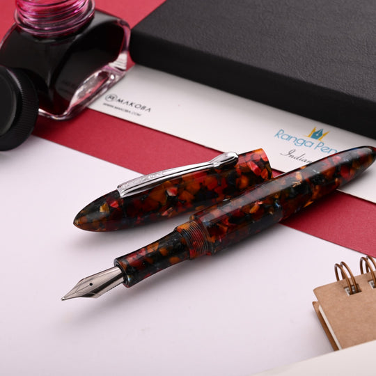 Ranga 9B Premium Acylic Fountain Pen - Red Gold Blue Cracked Ice CT