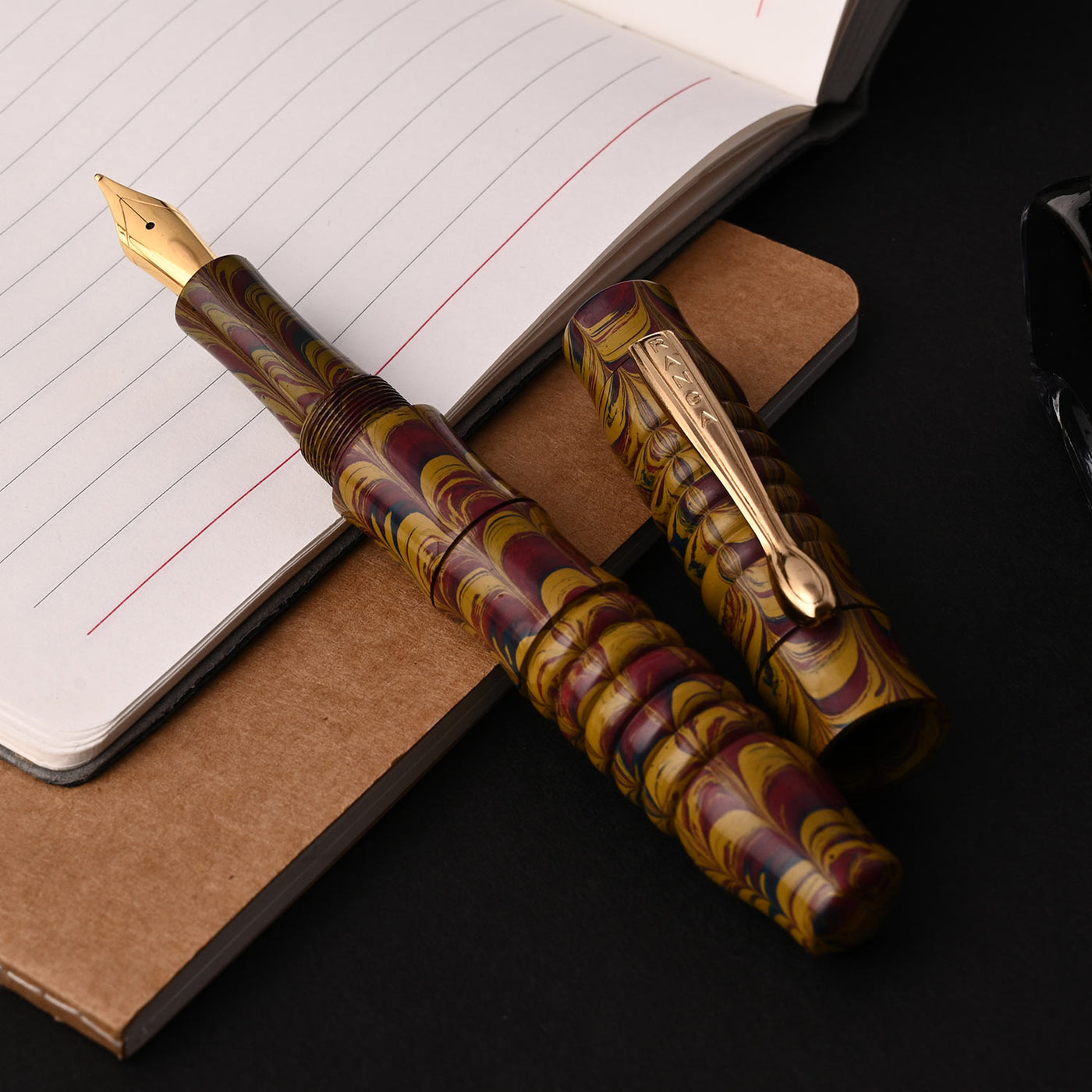 Ranga Designer Special Ebonite Fountain Pen - Olive Green Maroon Ripple GT 6