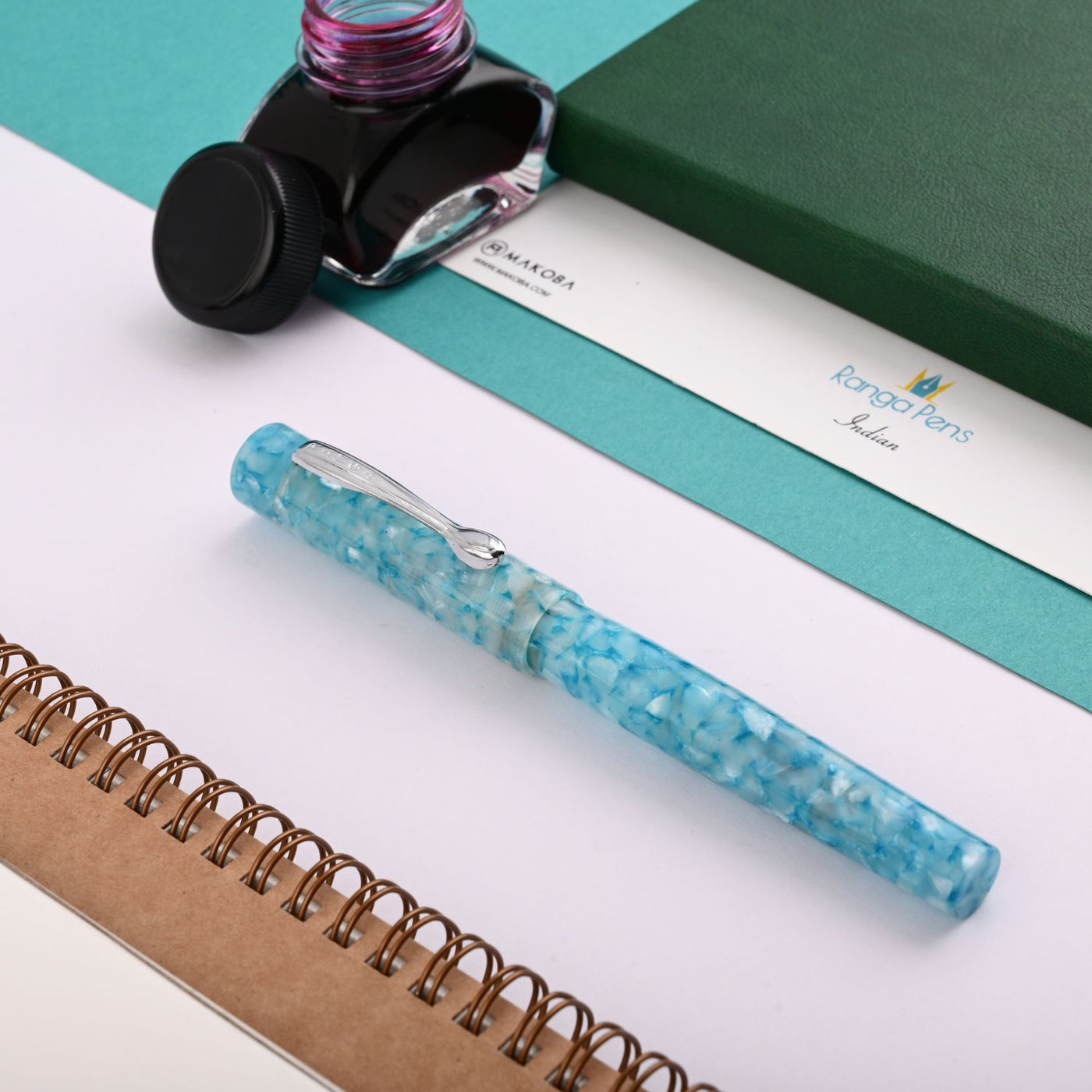 Ranga #3 Premium Acrylic Fountain Pen - Turquoise Cracked Ice CT 2