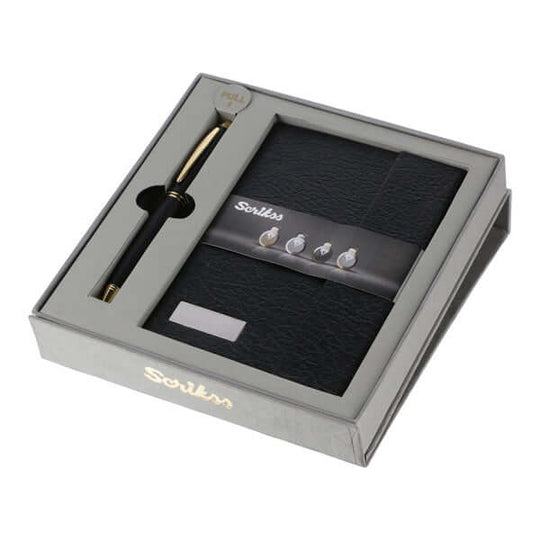 Scrikss Knight Ball Pen With Notebook Combo Gift Set, Matte Black / Gold Trim