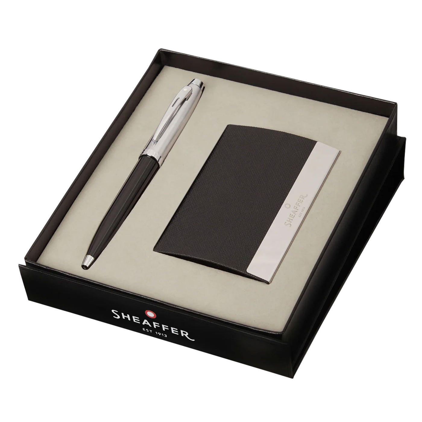 Sheaffer Gift Set - 100 Series Glossy Black & Chrome CT Ball Pen with Business Card Holder 1