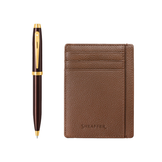 Sheaffer 9370 Gift Set - 100 Series Coffee Glossy Brown Ball Pen with Rustic Mocha Credit Card Holder