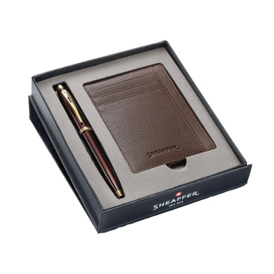 Sheaffer 9370 Gift Set - 100 Series Coffee Glossy Brown Ball Pen with Rustic Mocha Credit Card Holder