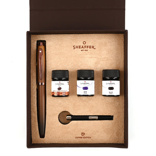 Sheaffer 9374 Gift Set - 100 Series Coffee Matte Brown Fountain Pen (Medium) with 3 Ink Vials