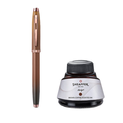 Sheaffer 9374 Gift Set - 100 Series Coffee Matte Brown (Medium) Fountain Pen with Coffee Scented Ink Bottle