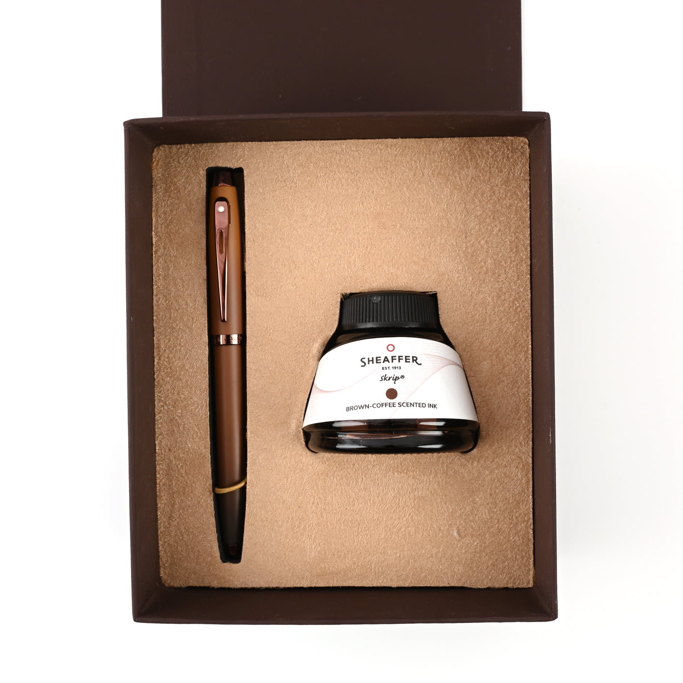 Sheaffer 9374 Gift Set - 100 Series Coffee Matte Brown (Medium) Fountain Pen with Coffee Scented Ink Bottle 1