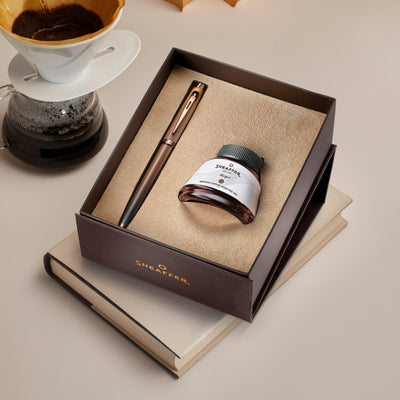 Sheaffer 9374 Gift Set - 100 Series Coffee Matte Brown (Medium) Fountain Pen with Coffee Scented Ink Bottle