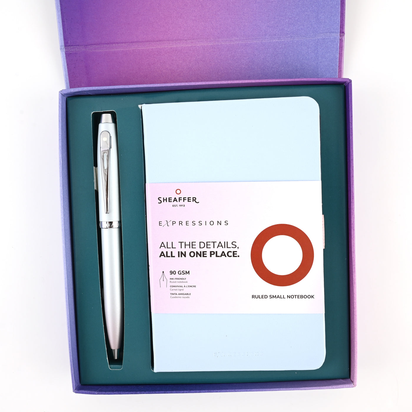 Sheaffer 9376 Gift Set - Expressions 100 Blue & Pink Pearlised Gradient Ball Pen with A6 Notebook 2