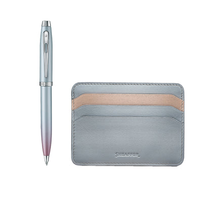 Sheaffer 9376 Gift Set - Expressions 100 Blue & Pink Pearlised Gradient Ball Pen with Credit Card Holder
