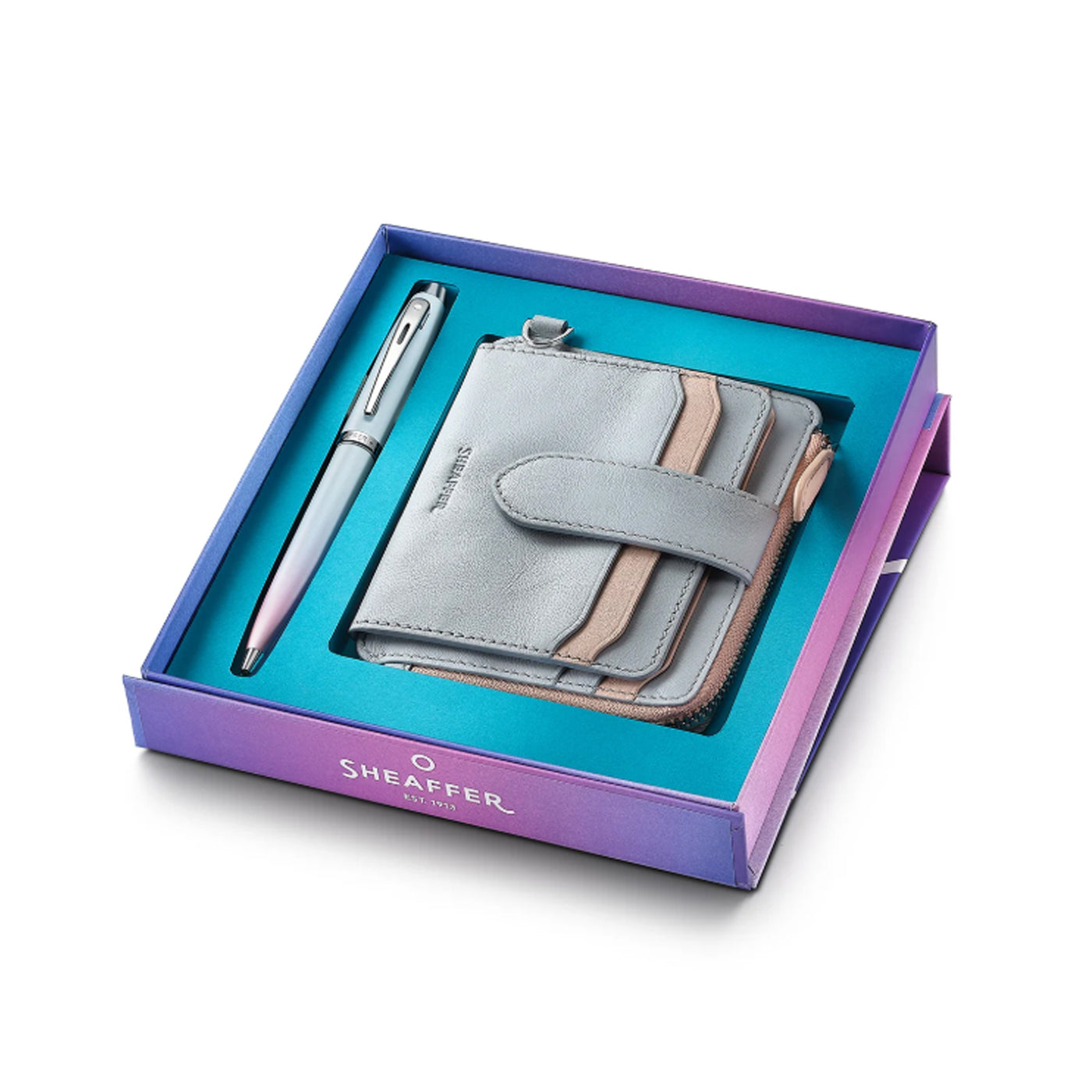 Sheaffer 9376 Gift Set - Expressions 100 Blue & Pink Pearlised Gradient Ball Pen with Leather Wallet