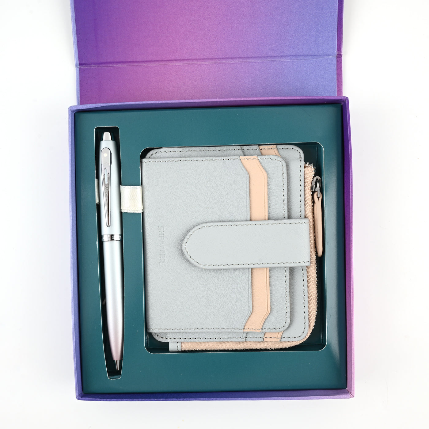 Sheaffer 9376 Gift Set - Expressions 100 Blue & Pink Pearlised Gradient Ball Pen with Leather Wallet 1