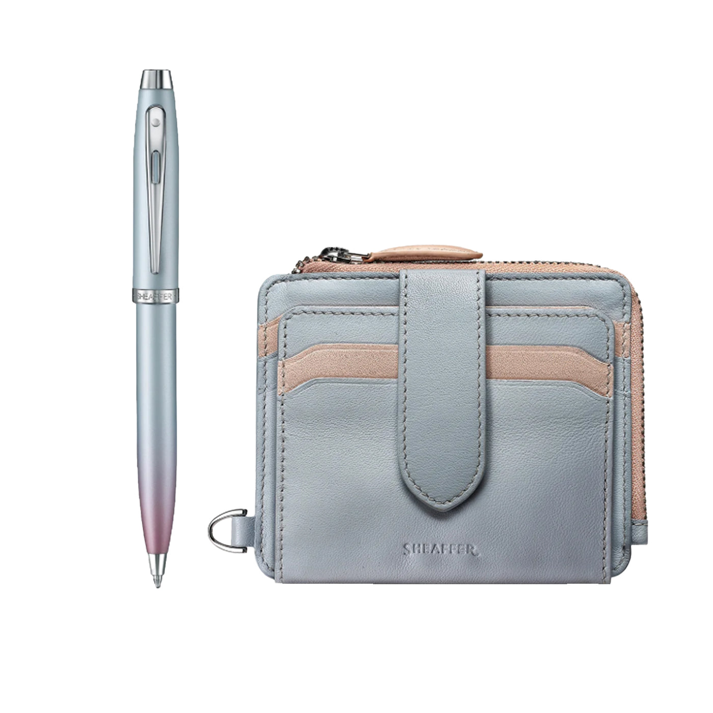 Sheaffer 9376 Gift Set - Expressions 100 Blue & Pink Pearlised Gradient Ball Pen with Leather Wallet