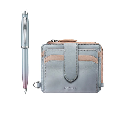 Sheaffer 9376 Gift Set - Expressions 100 Blue & Pink Pearlised Gradient Ball Pen with Leather Wallet
