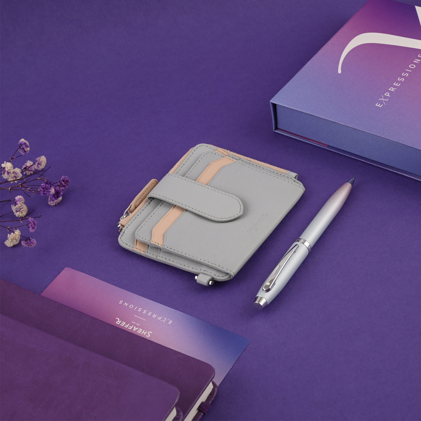 Sheaffer 9376 Gift Set - Expressions 100 Blue & Pink Pearlised Gradient Ball Pen with Leather Wallet