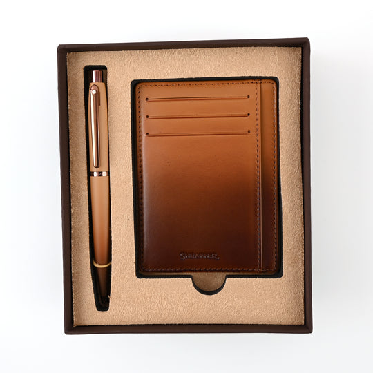Sheaffer 9428 Gift Set - VFM Coffee Matte Brown Ball Pen with Brown Credit Card Holder