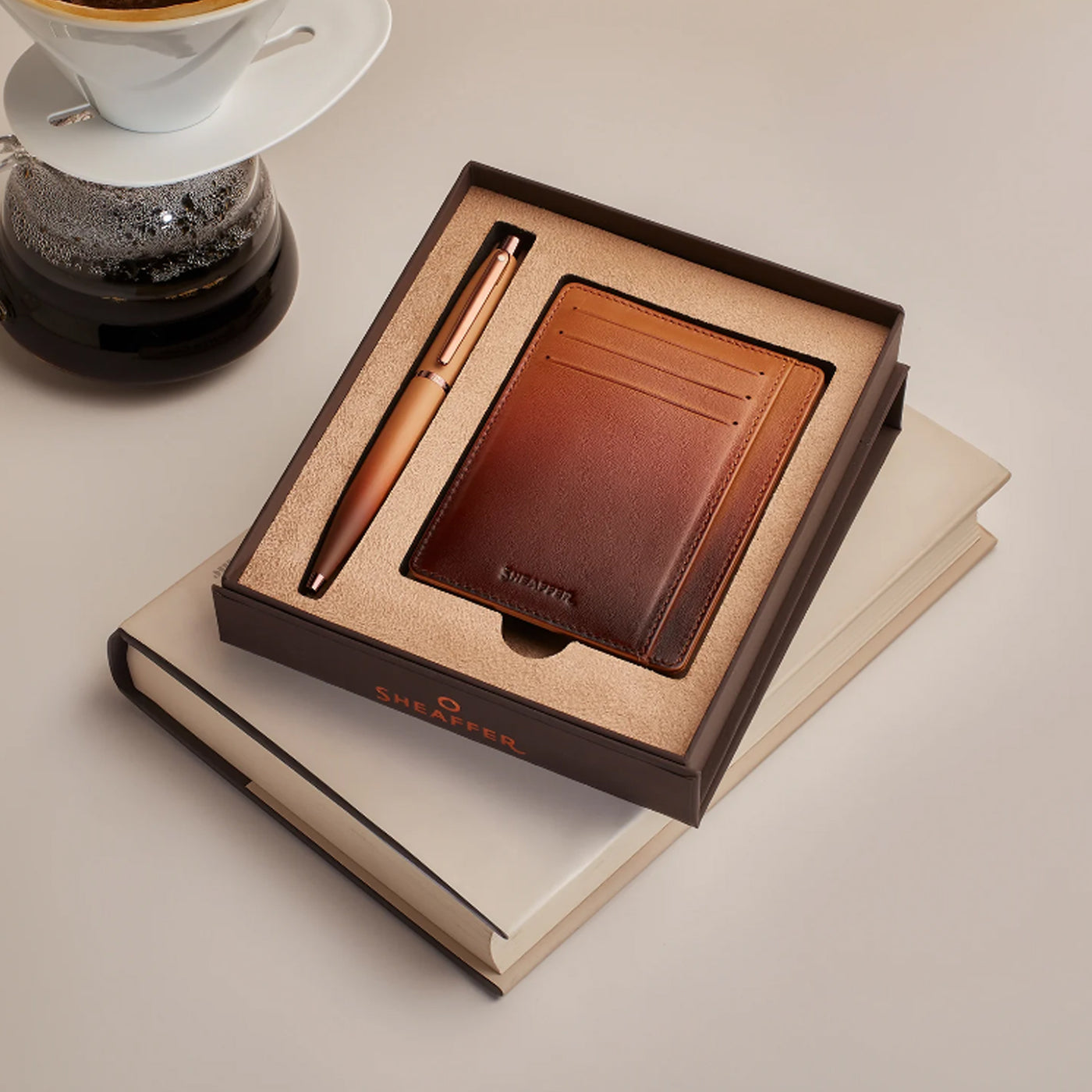 Sheaffer 9428 Gift Set - VFM Coffee Matte Brown Ball Pen with Brown Credit Card Holder
