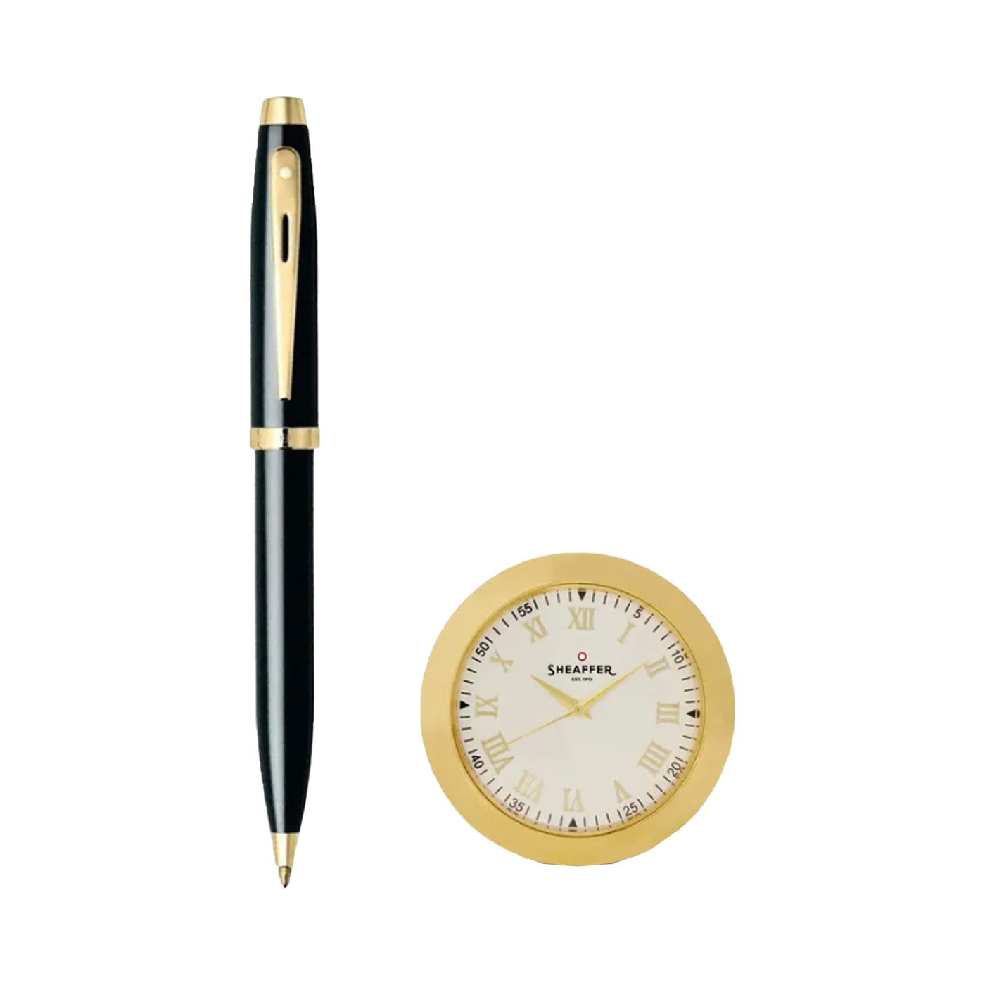 Sheaffer Gift Set - 100 Series Glossy Black GT Ball Pen with Gold Table Clock 1