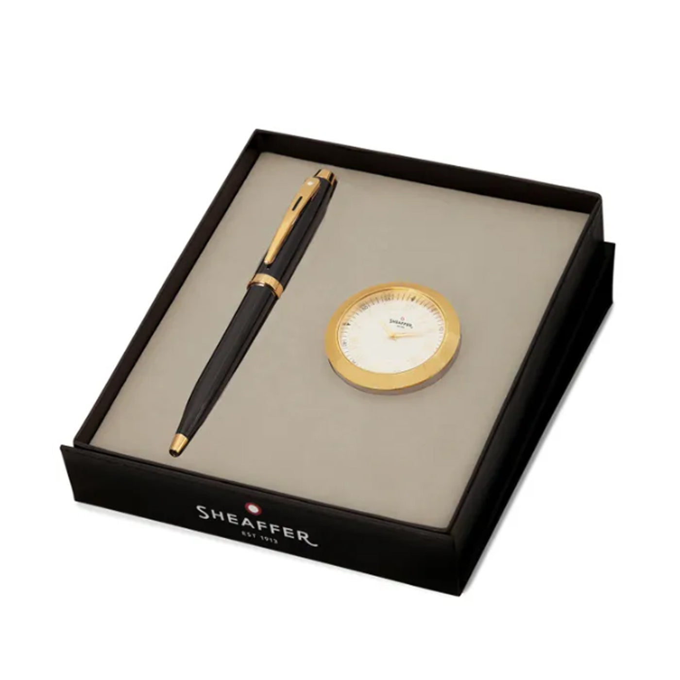 Sheaffer Gift Set - 100 Series Glossy Black GT Ball Pen with Gold Table Clock 7