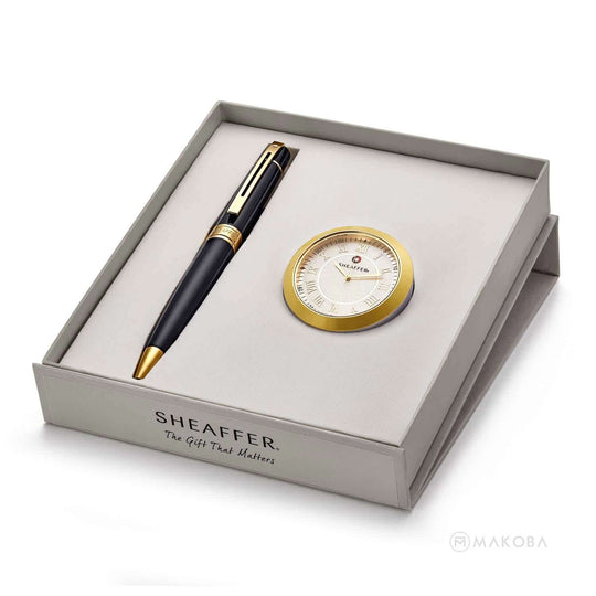 Sheaffer Gift Set - 300 Series Black GT Ball Pen with Gold Table Clock