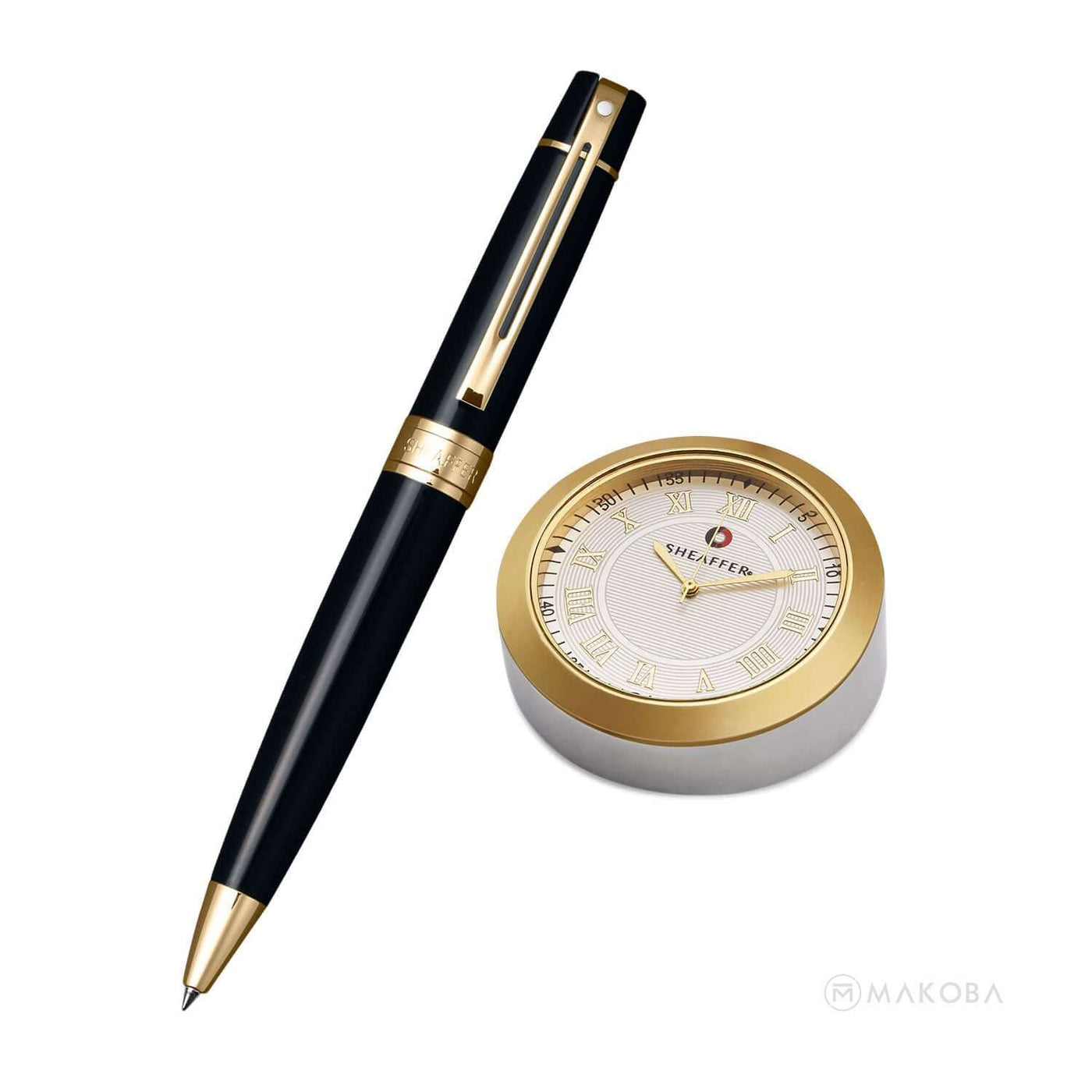 Sheaffer Gift Set - 300 Series Black GT Ball Pen with Gold Table Clock 2