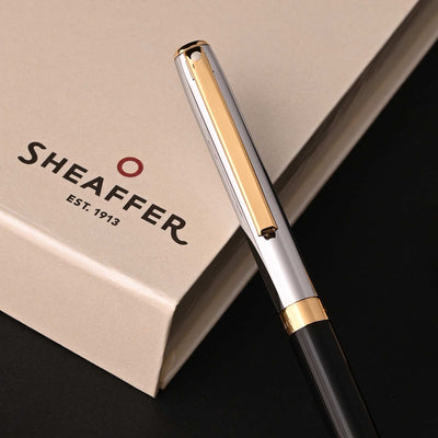 Sheaffer Gift Set - Sagaris Black & Chrome Ball Pen with Gold Table Clock 4
