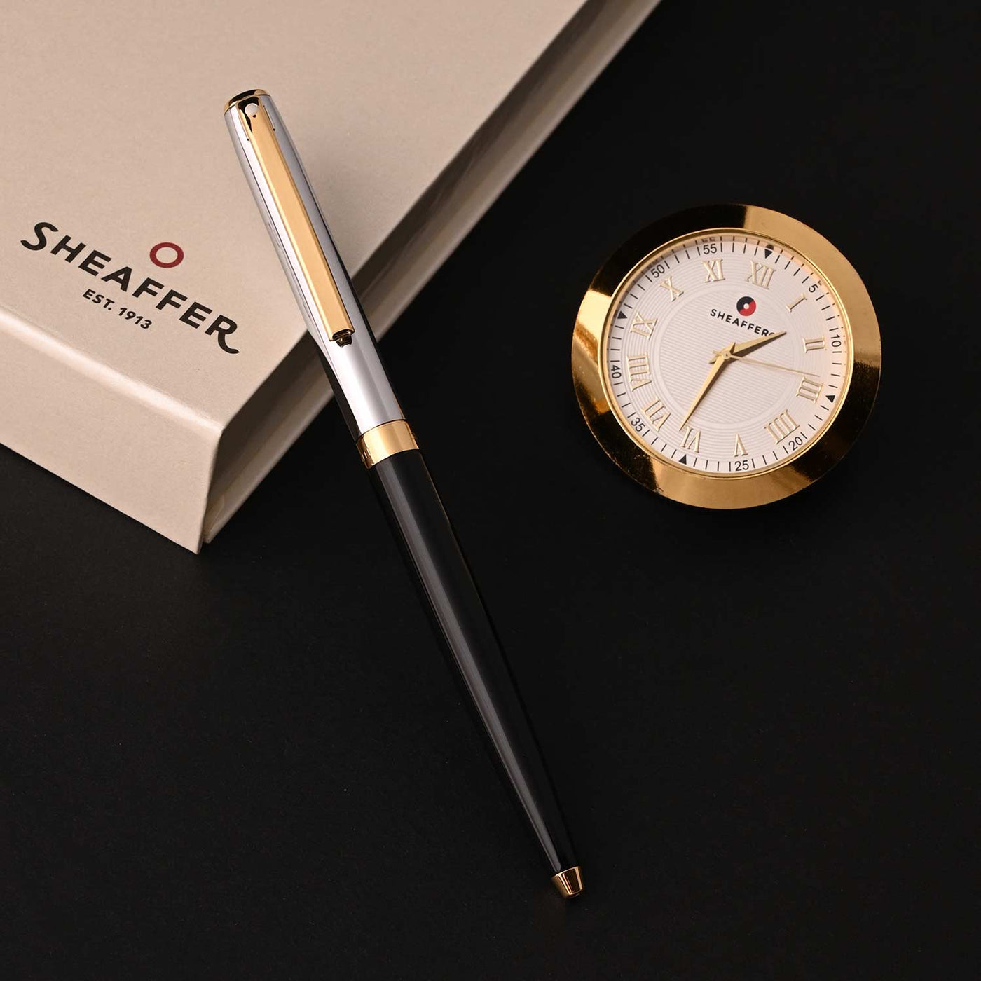 Sheaffer Gift Set - Sagaris Black & Chrome Ball Pen with Gold Table Clock 1