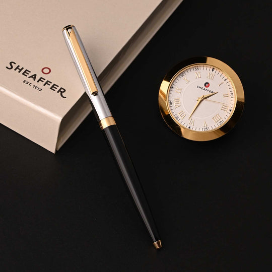 Sheaffer Gift Set - Sagaris Black & Chrome Ball Pen with Gold Table Clock