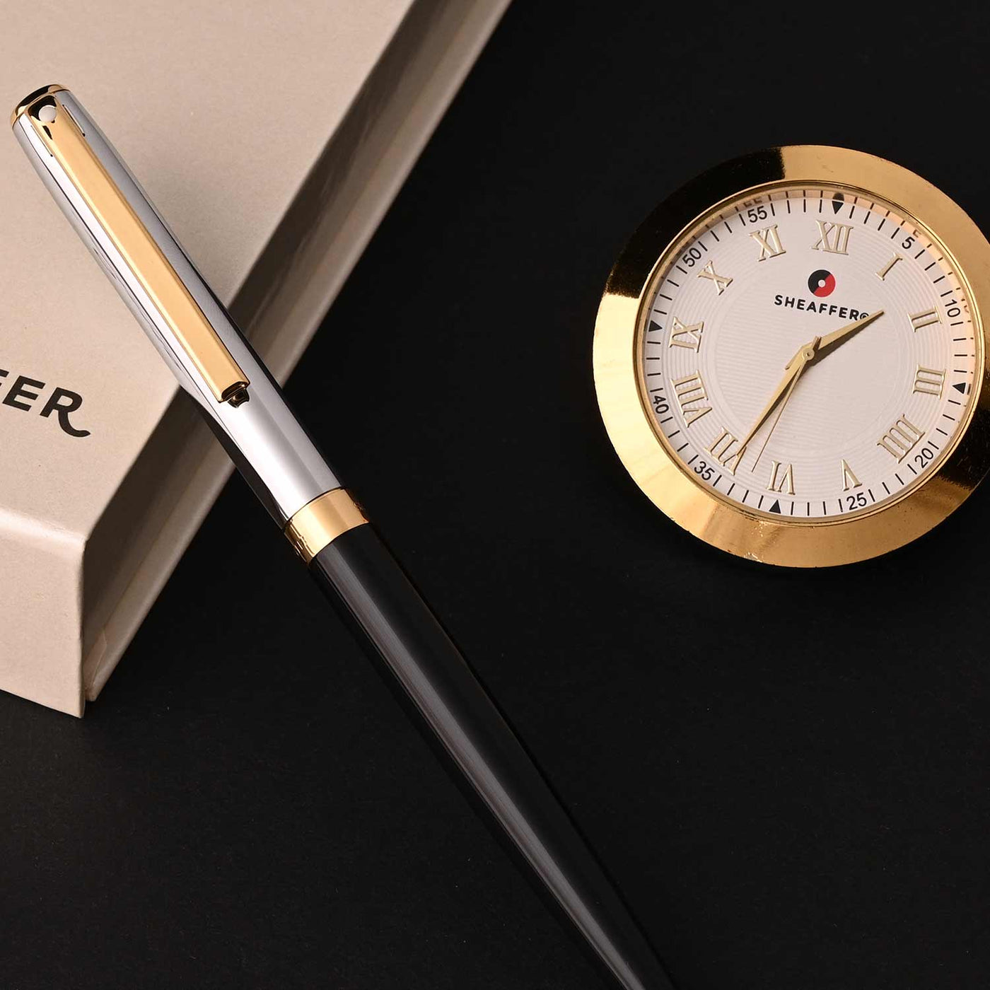 Sheaffer Gift Set - Sagaris Black & Chrome Ball Pen with Gold Table Clock 2